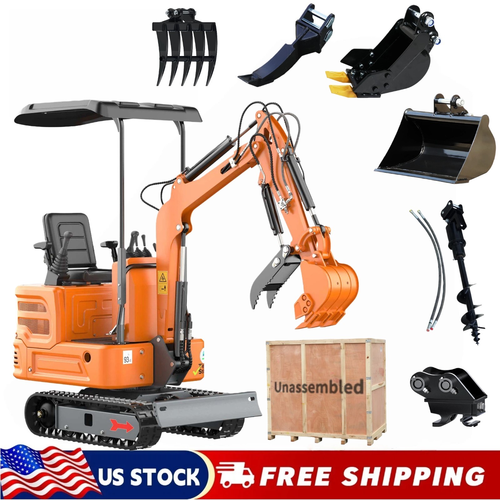 Free Ship 13.5HP Mini Excavator 1T B&S EPA Engine With 6 attachments Unassembled