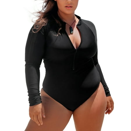 RELLECIGA Women’s Black Rash Guard Long Sleeve Women Swimwear Deep V-Neck Slimming Surfing Zipper One Piece Swimsuit Sexy Monokini One piece Bathing Suits Size L