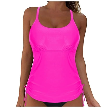 TOWED22 Women’s Tankini Top Only High Neck Tummy Control Swim Tank Top Bathing Suit Top No Bottom(Hot Pink,S)
