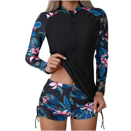 Midsumdr Tankini Swimsuits for Women Fashion Long Sleeve Split Swimsuit with Boyshorts Conservative UV UPF 50+ Sun Protection Floral Printed Two Piece Set Bathing Suit