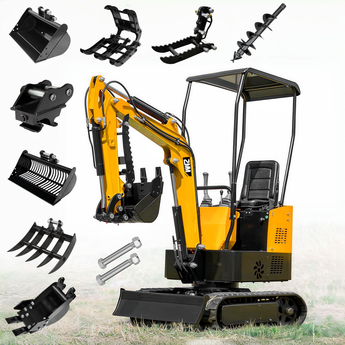 1Ton Mini Excavator with 8 Attachments Kit: Auger,Rake,Grabber,Ripper,Bucket