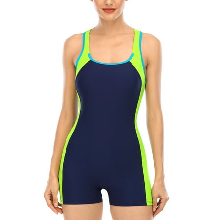 Beautyin Women One Piece Swimsuits Boyleg Sports Training Modest Swimwear Splice Color Bathing Suits XS-2XL