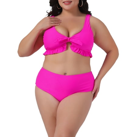 DARING DIVA Plus Size Ruffle Tummy Control Bathing Suits Swimwear Set 1X Hot Pink
