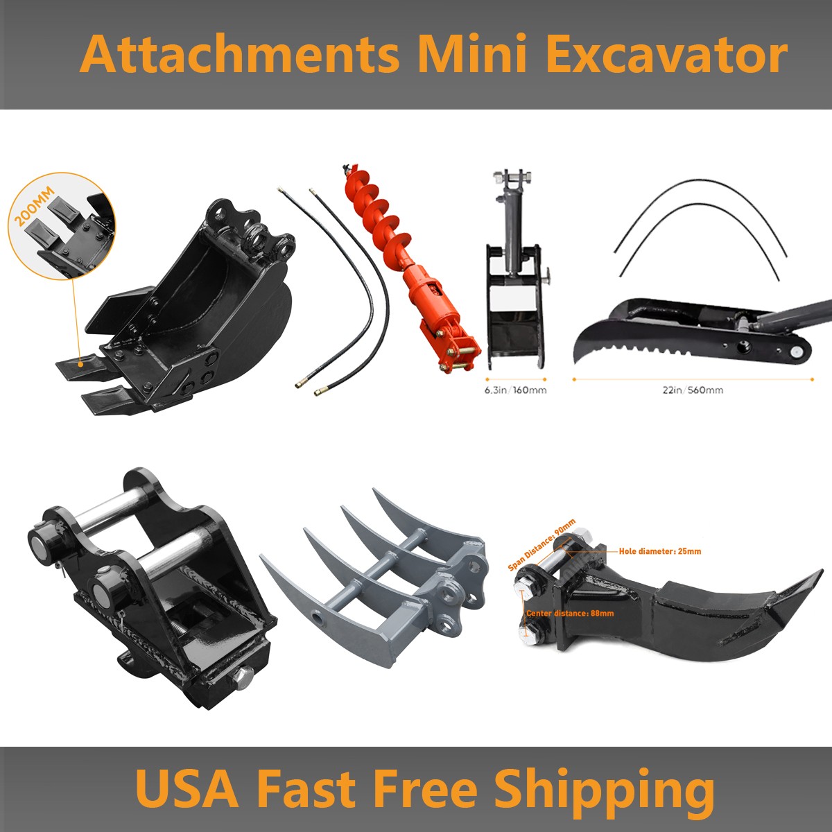 Attachments Mini Excavator : Grabber, Hammer, Ripper, Rake, Auger, Bucket, Thumb
