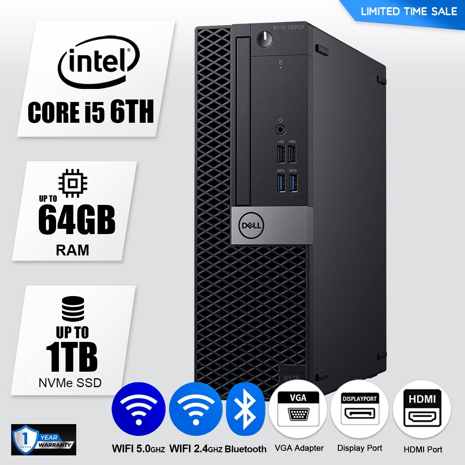 DELL Desktop Computer PC i5 6TH, 32GB RAM Up to 1TB M.2 SSD, Windows 11, WiFi BT