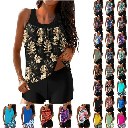 ZQGJB Plus Size Two Piece Women’s Tankini Swimsuits Cute Summer Floral Printed Blouson Ruched Pleated Beach Swim Tank Top with Boyshorts Modest Bathing Suits(Multicolor#05,L)