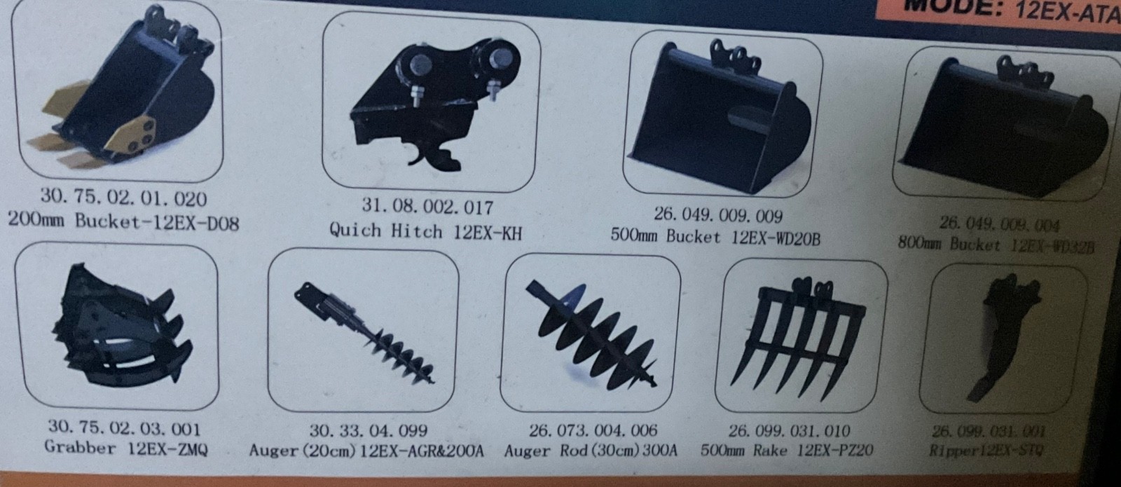 Mini excavator attachments set  9 peace,  25mm pins approximately 1 inch