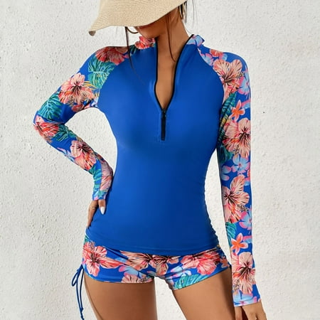 Brnmxoke Clearance Women Two Piece Rash Guard Long Sleeve Swimsuits Floral Print Swim Shirt Built in Bra Trendy Athletic Surfing Hide Belly Bathing Suit with Boyshort Bottoms