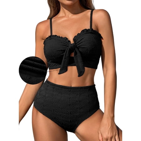 DOKOTOO Bikini Sets for Women High Waisted Seashell Textured 2 Piece Swimsuits Knotted Front Bathing Suits