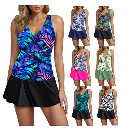 ZVAVZ Swim Suits for Women 2025 Two Piece Womens Trendy Tankini Bathing Suits Loose Fit V-Neck Floral Tankini Top with Bottom Skirts Flowy Modest Swimwear Clearance,Multicolor XXL