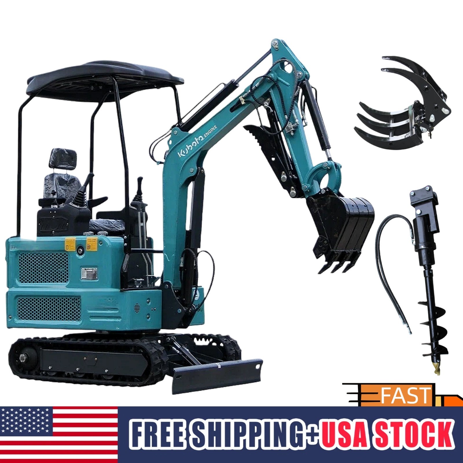 Mini Excavator KUBOTA Diesel 4000lbs 1.8 T Super Power Mini Digger 2 Accessories