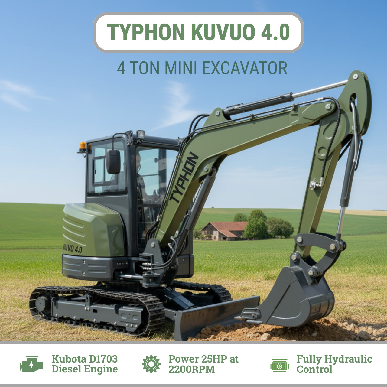 TYPHON KUVUO 4.0  Mini Excavator with Boom Swing  Full Hydraulic Control AC/Heat