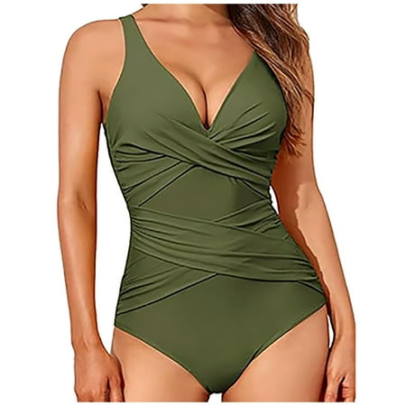 Plus Size Swimsuits for Women One Piece Slimming Ruched Push Up Bathing Suit Vintage Padded Retro V Neck Swimwear Army Green 2XL