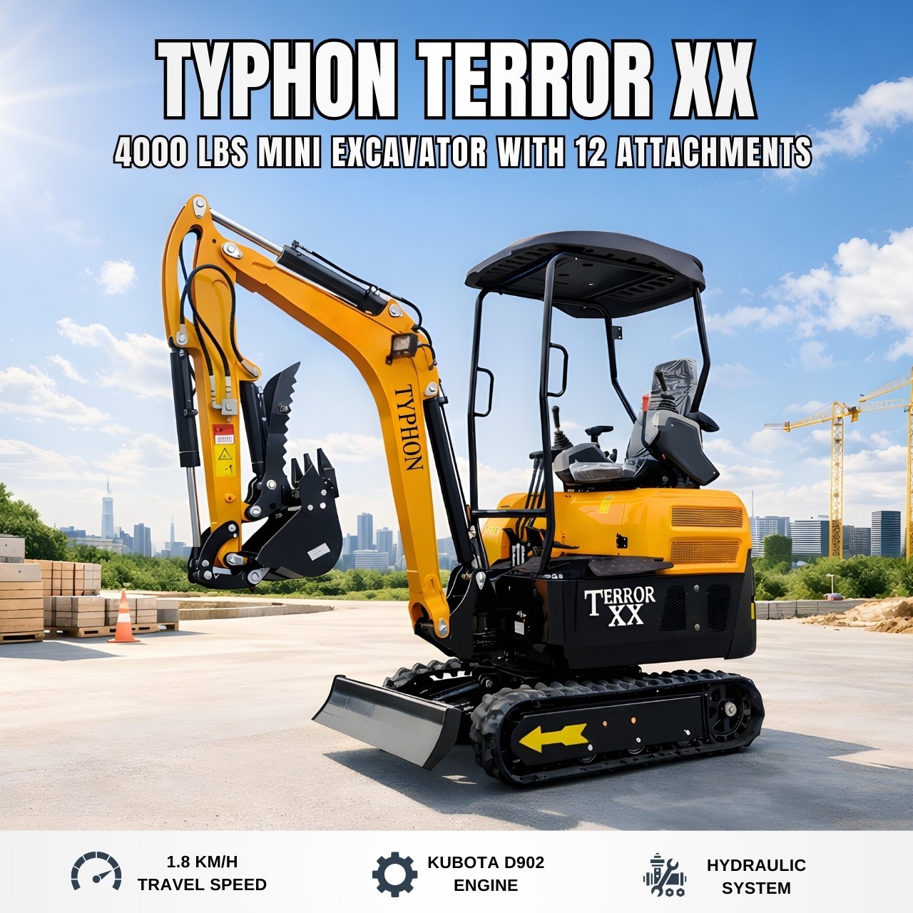 TYPHON TERROR XX  4000lb Mini Excavator 12 Attachments Kubota D902 Diesel Engine