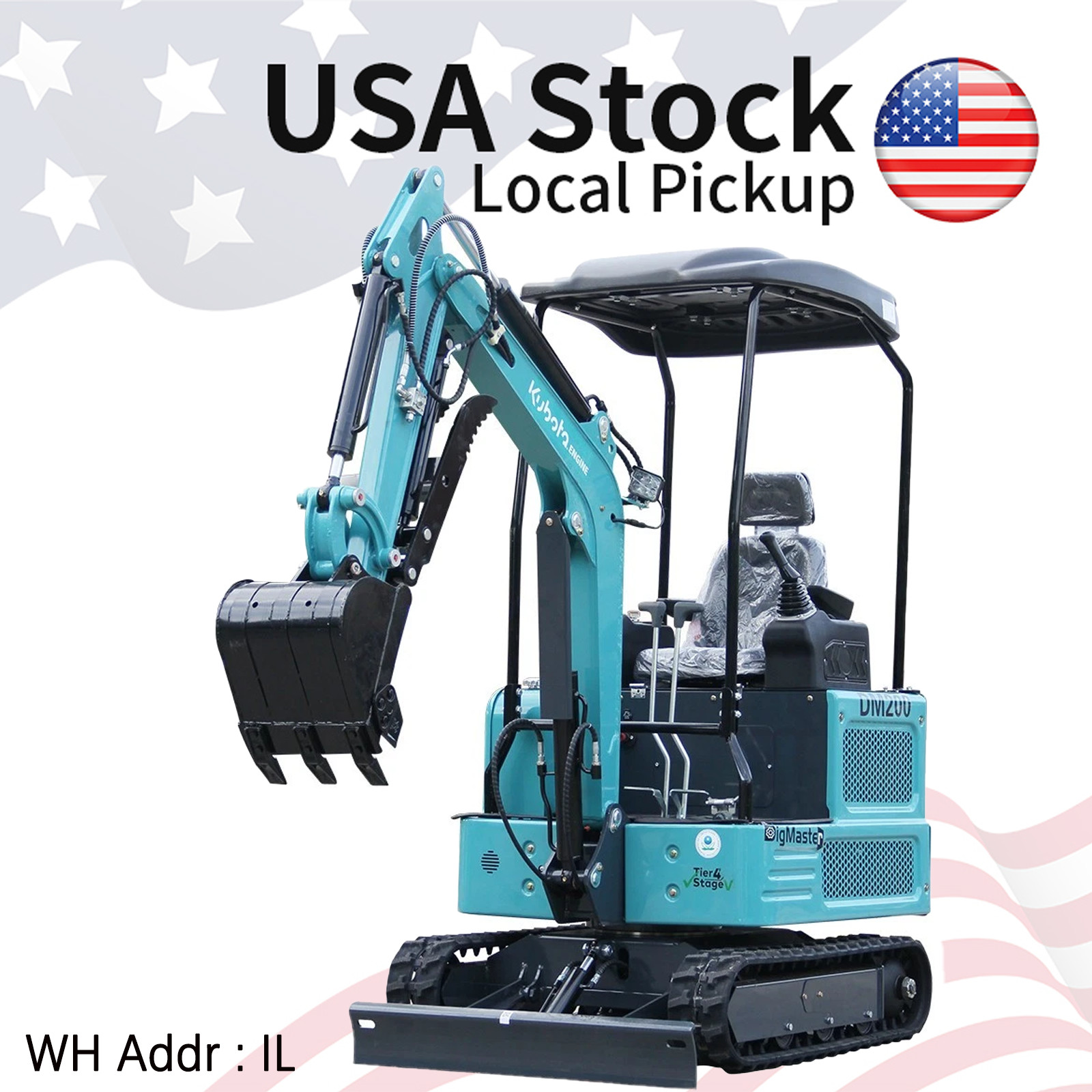 USA STOCK, New 1.8Ton Mini Excavator Kubota Diesel Engine Pilot Hydraulic System