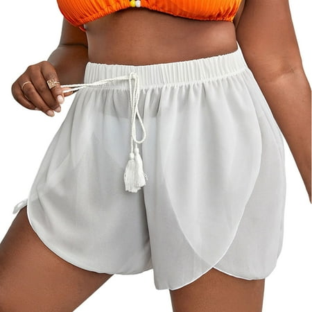 Zhden Swim Shorts Women Plus Size Drawstring Sheer Bikini Bottom Mesh Swimsuit Cover Up Shorts（White,XL）