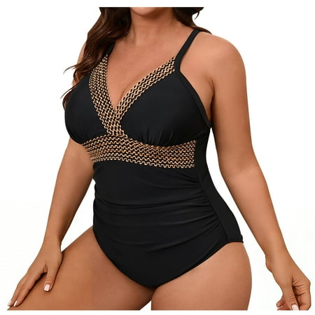 Xdegoge Plus Size One Piece Swimsuit for Women, Push Up Underwire with Chain Trim and Neckline, Tummy Control Bathing Suit Vacation Swim Suit with Padding