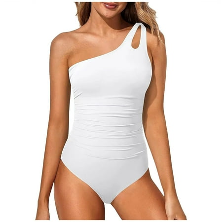 Hessimy One Shoulder Tankini Swimsuits For Women Tummy Control Bathing Suits Modest Full Coverage Keyhole Swimwear Tankini Tops Only(White,S)