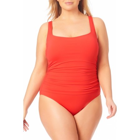 Anne Cole POPPY RED Plus Size Shirred One-Piece Swimsuit, US 18W