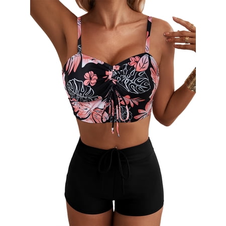 SHEWIN Womens Swimsuits Two Piece Bikini Sets Floral Print Swim Tops Drawstring Tummy Control High Waisted Swim Shorts Bathing Suit