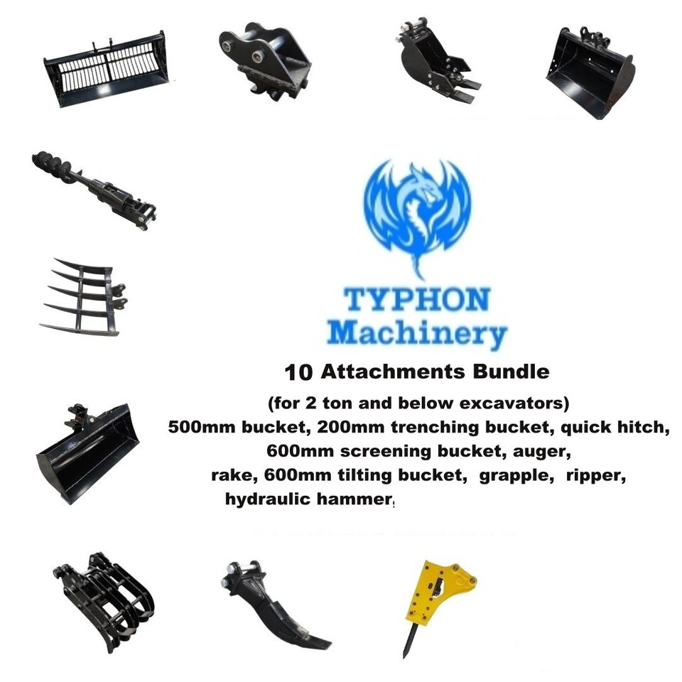 Attachments Mini Excavator : Grabber, Hammer, Ripper, Rake, Auger, Bucket, Thumb