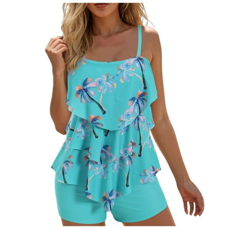 BOBOGOJP Two Piece Tankini Swimsuits for Women with Shorts Tummy Control Bathing Suits Athletic Swimwear 5XL for Size Light Blue