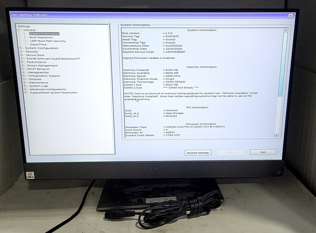 DELL OPTIPLEX 7780 AIO 27″ Intel Core I3-10100 8GB 256GB SEE NOTES