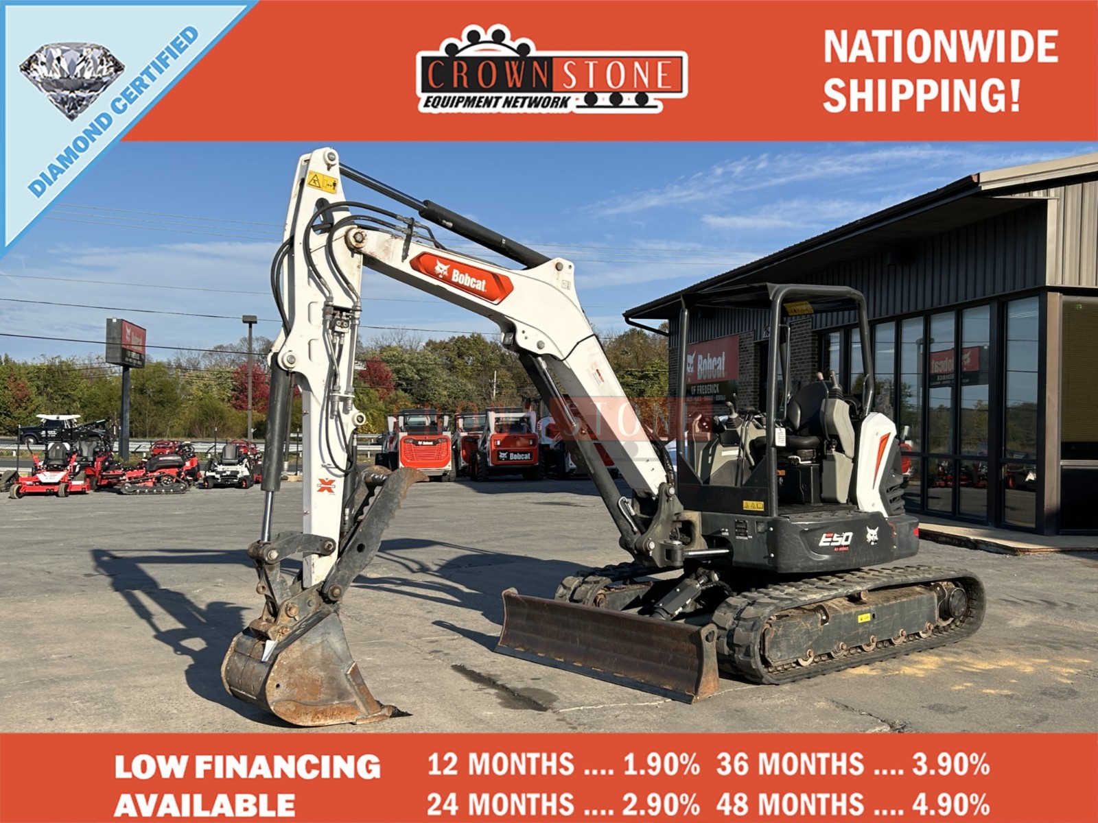 2021 BOBCAT E50R2 MINI EXCAVATOR, 434 HRS, CANOPY, 2 SPEED, HYD THUMB, LONG ARM