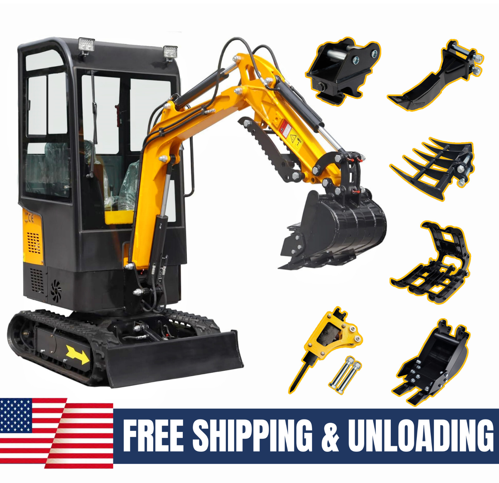 Free Unload/Ship Enclosed Cab 1.2Ton Mini Excavator 13.5hp With 7 Attachemnts