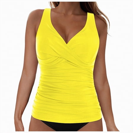 HCNTES Womens Plus Size Tankini Tops Built-in Bra Bathing Suit Tops Casual Loose Blouson Swimsuits Tops(Yellow,M)