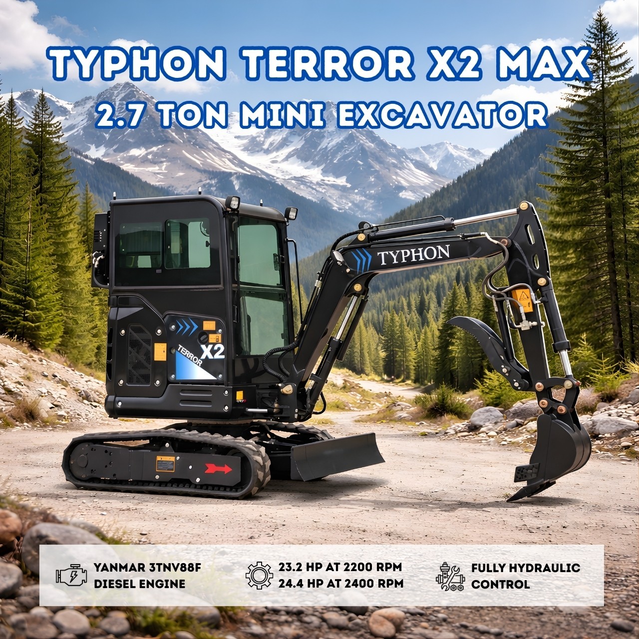 TYPHON TERROR X2 Max 2.7 Ton Mini Excavator Yanmar 3TNV88F Engine AC Heat Cabin