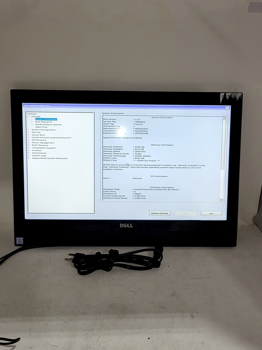 DELL OPTIPLEX 3240 AIO Intel I3-6100 8GB 256GB SEE NOTES