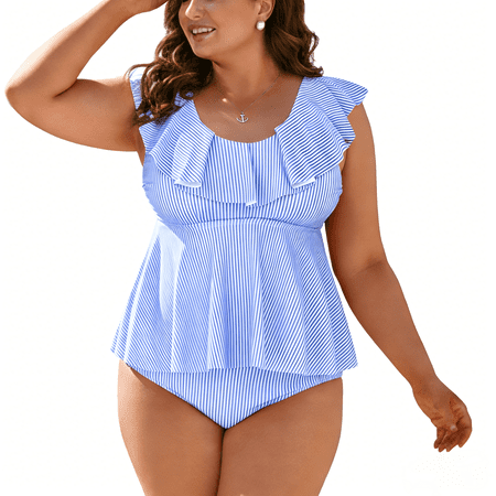 MecTo Women’s Plus Size 2 Piece Tankini Swimsuits Tummy Control Bathing Suit with Ruffles Halter Top – Striped Pattern