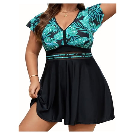 Plus Size Swim Dress Women 4XL – Black Tropical Print One Piece Swimsuit with Skirt – Tummy Control Bathing Suit – Flowy Swimdress for Women