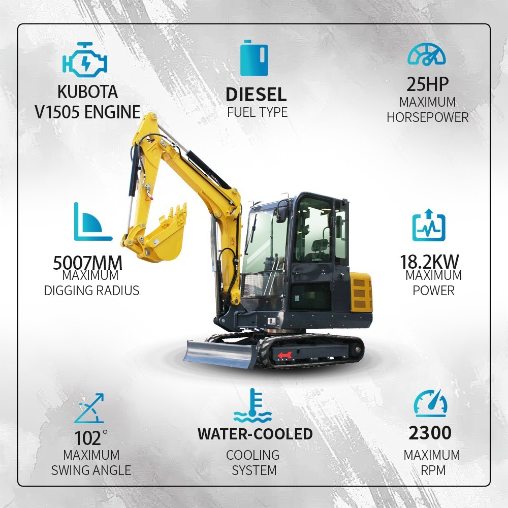 3.5Ton Mini Excavator Hydraulic Thumb 25HP Kubota V1505 Diesel Enclosed Cab