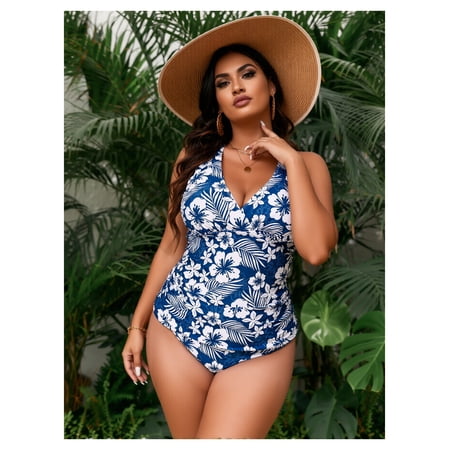 Plus Size Swimsuit Women V-Neck Printed One Piece Slimming Bathing Suit Fresh Floral Swimwear for Women 14W-26W