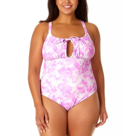 Salt + Cove Juniors’ Plus Size Tie-Dyed One-Piece Keyhole Swimsuit Pink Tie Dye 3X