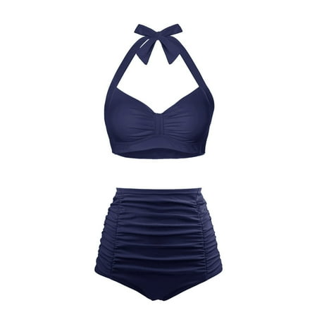Hessimy High Waisted Bikini Set for Women Two Piece Tummy Control Vintage Swimsuit Retro Halter Bathing Suit with Bottom(Dark Blue,M)
