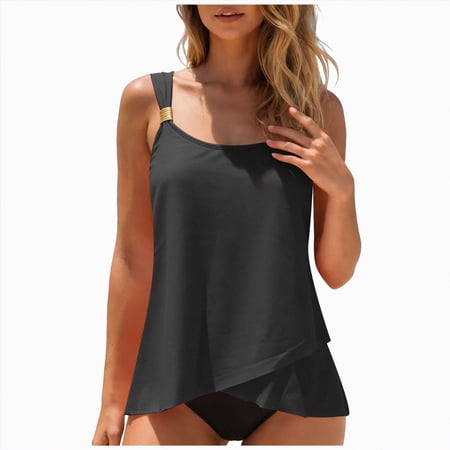 Hessimy Mesh Tankini Swimsuit for Women Tummy Control Two Piece Bathing Suit Flowy Swim Top with Full Coverage Bottom(Black,XXL)