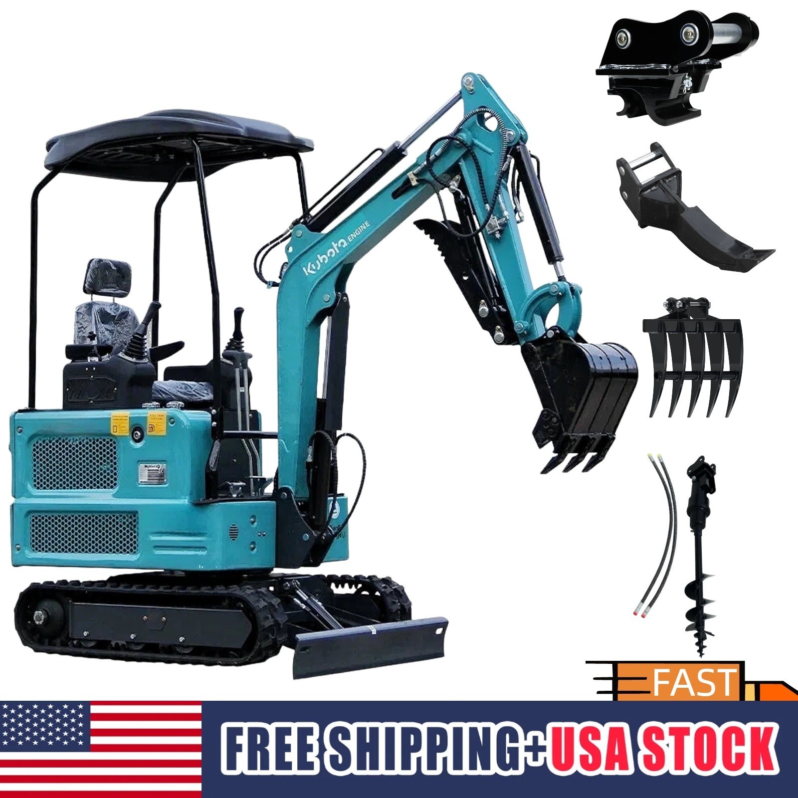 1.8T Mini Excavator with Hydraulic Thumb,Kubota Diesel Engine with 4Attachments