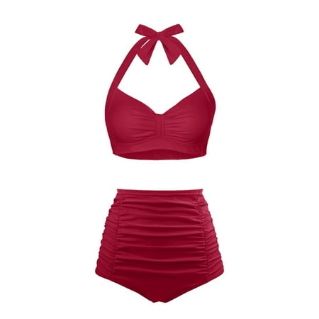 Hessimy High Waisted Bikini Set for Women Two Piece Tummy Control Vintage Swimsuit Retro Halter Bathing Suit with Bottom(,S)