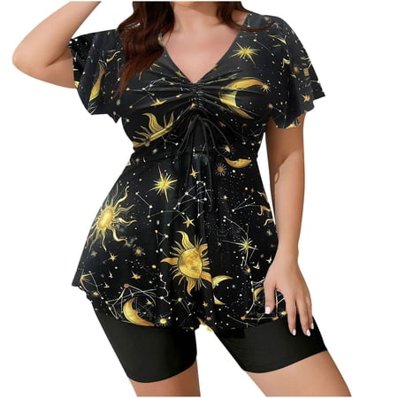 Womens Plus Size Tankini Swimsuits Modest Swimdress Full Coverage Short Sleeve Bathing Suits with Shorts(Gold 3XL)