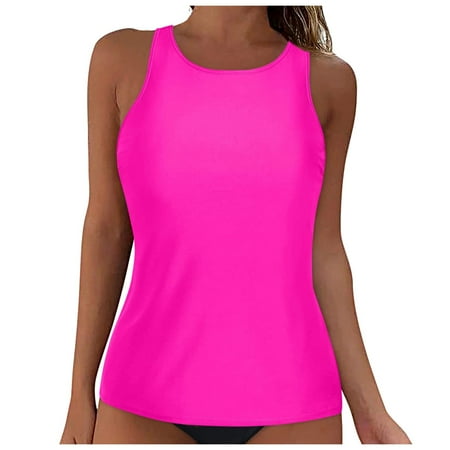 Hessimy Tankini Top for Women V Neck Tummy Control Swim Top Ruched Bathing Suit Top Only No Bottom(Hot Pink,XL)