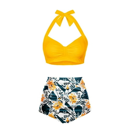 Hessimy High Waisted Bikini Set for Women Two Piece Tummy Control Vintage Swimsuit Retro Halter Bathing Suit with Bottom(Yellow,XL)