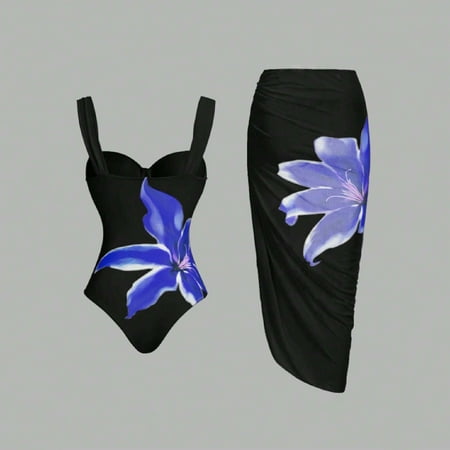 Sakmal Tummy Control Bathing Suit for Women Blue Two Piece Sets Backless One-Piece Bathing Suits Full Coverage Swimsuit Sets