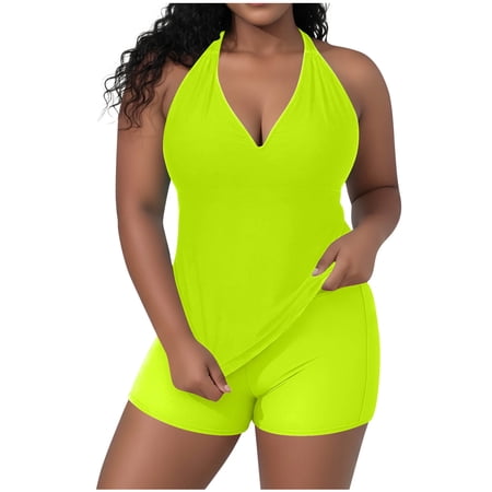 Ahdbta Plus Size Tankini Swimsuit for Women Two Piece Tummy Control Bathing Suit Halter Blouson Swim Tops with Boyshorts Swimwear