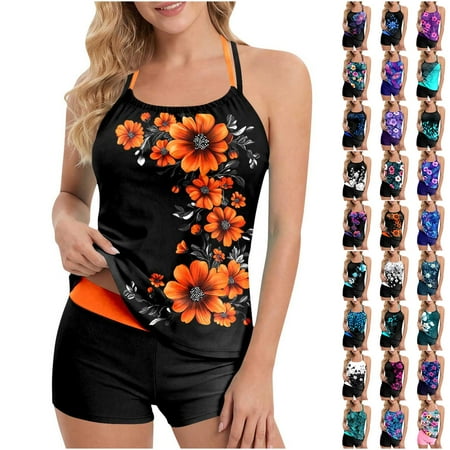 Jsaierl Halter Tankini Swimsuits for Women 2 Piece Floral Print Swim Tops with Boyshorts Swimwear Tummy Control Bathing Suits