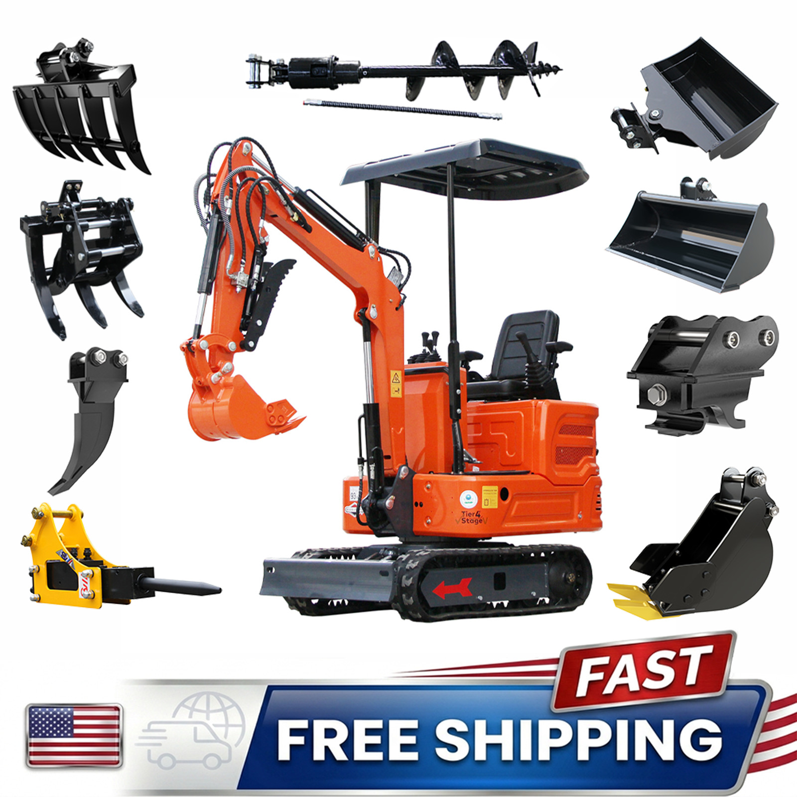 1 Ton Mini Excavator 13.5HP B&S Gas Engine Tracked Pilot Digger 9 Attachments