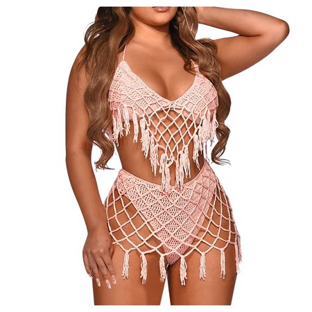 Odeerbi Fringe Bikini for Women Halter Two Pieces Swimsuit Swimwear Hanging Neck Knitted Top Underwear Beachwear Set Pink