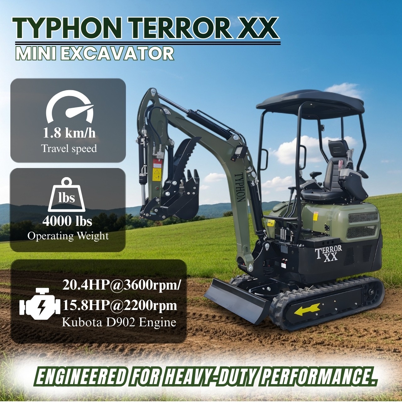 New TYPHON TERROR XX 4000lb Mini Excavator SideSwing Kuobta D902 12 Attachments